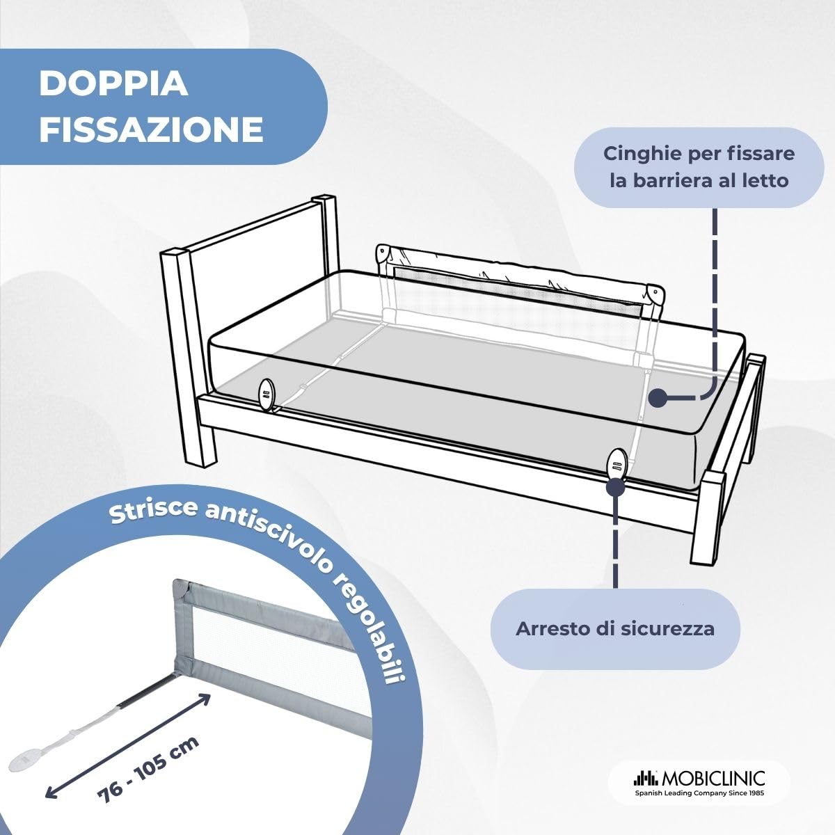 Mobiclinic®, Sponda da letto pieghevole, Dreamy, Fissaggio sotto materasso, Borsa per il trasporto, Barriera sicura e protettiva, Bambini 18 mesi a 5 anni, 150 cm