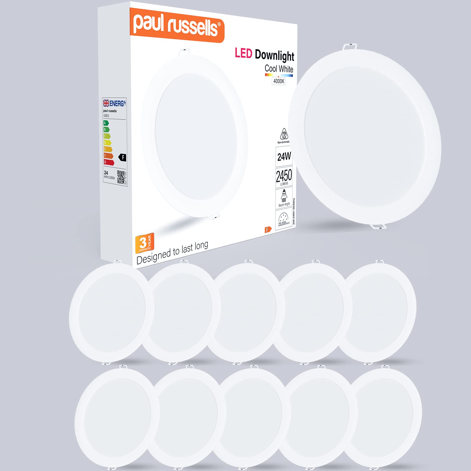 Paul Russells 24W White, Diameter 215Mm, Cutout 195-205Mm Led Ceiling Downlights, 24W Slim Recessed Bathroom Downlights, Kitchen Ceilings, 2450 Lumens, 4000K Cool/Natural White, Cutout 195-205Mm, Round Non-Dimmable Panel Spotlights, 10 Pack