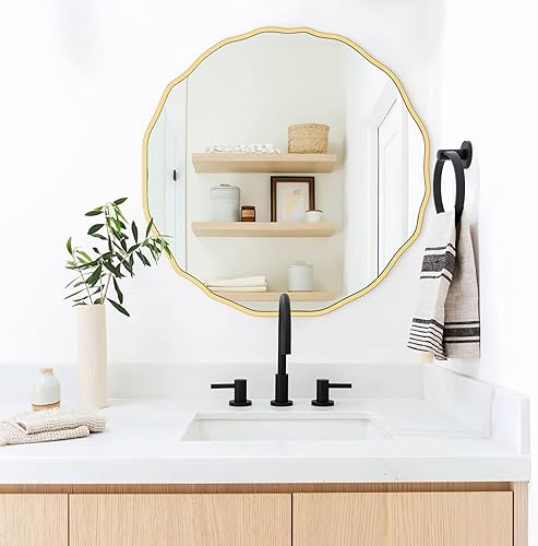 Miniatura 5 de H HOMEWINS Espejo de pared circular de 28 pulgadas, espejo redondo decorativo ondulado dorado, espejo de madera de tocador de granja, espejo de