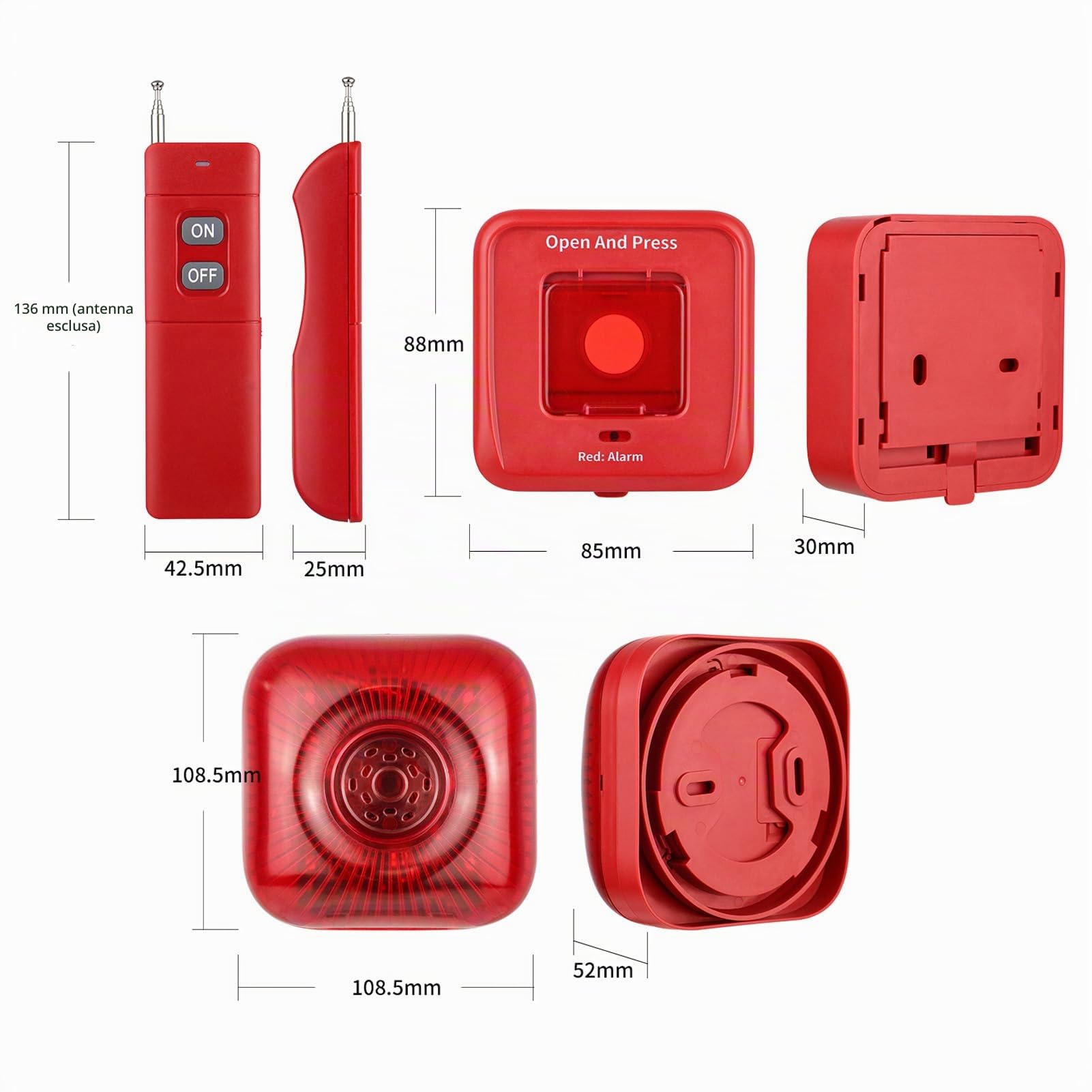 Semme di Allarme Antincendio Wireless 433 MHz, Campanello di Allarme Antincendio Manuale con Sonoro e Luminoso e Telecomando, per la Sicurezza Commerciale Residenziale (Spina europea)