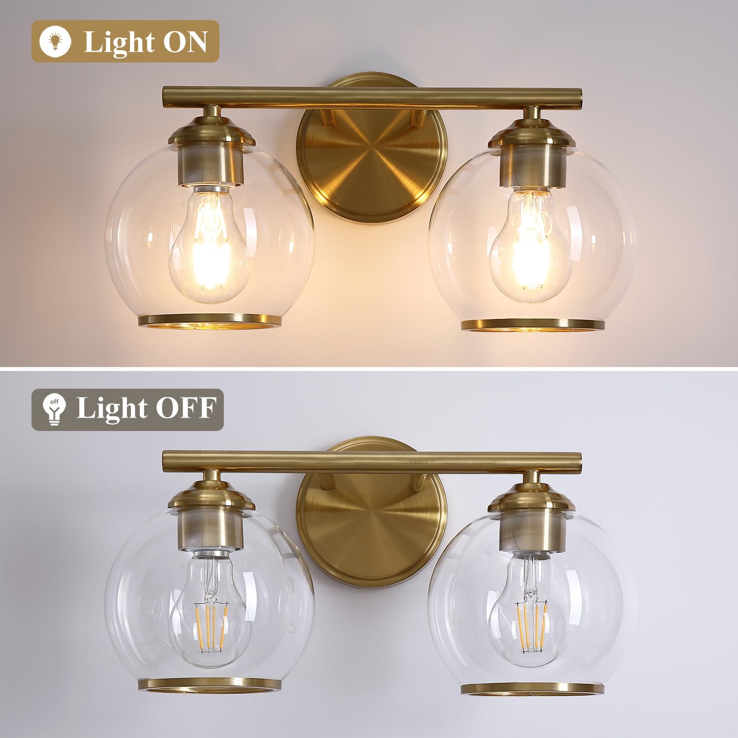 Mecgirn Brushed Gold Bathroom Vanity Light Over Mirror, 2 Light Bathroom Light Fixtures with Clear Globe Glass Shade, Modern Vanity Lighting Wall Mounted