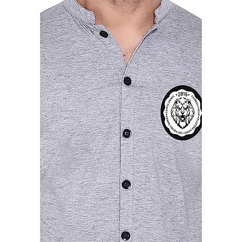 Image of Geum Men's Mandarin Collar Shirt with Graphic Print| Short Sleeve Cotton Blend Slim Fit Casual Shirt for Men