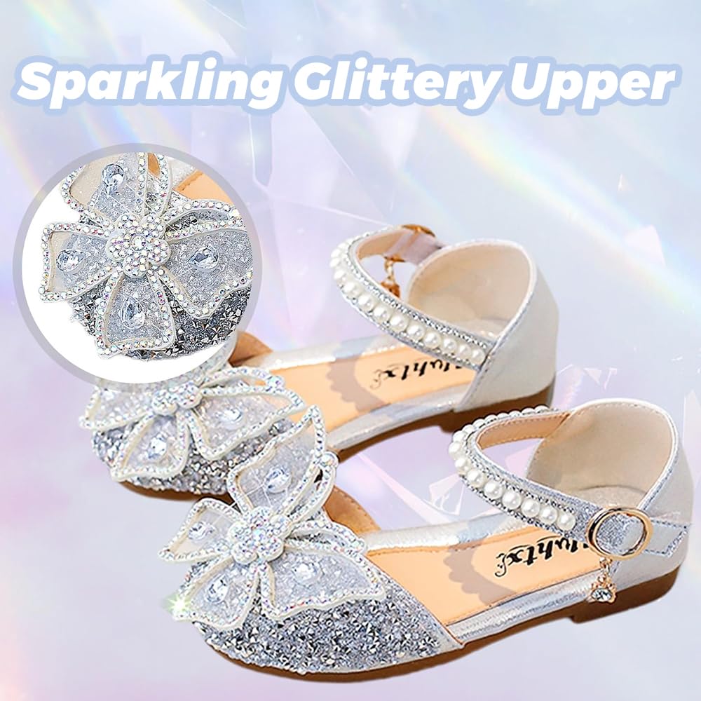 Mädchen Mary Jane Glitzer Prinzessin Schuhe Karneval Party Hochzeit Kinder Party Halbschuhe Flache Schuhe für Weihnachten Geburtstag Schulschuh Silber EU33