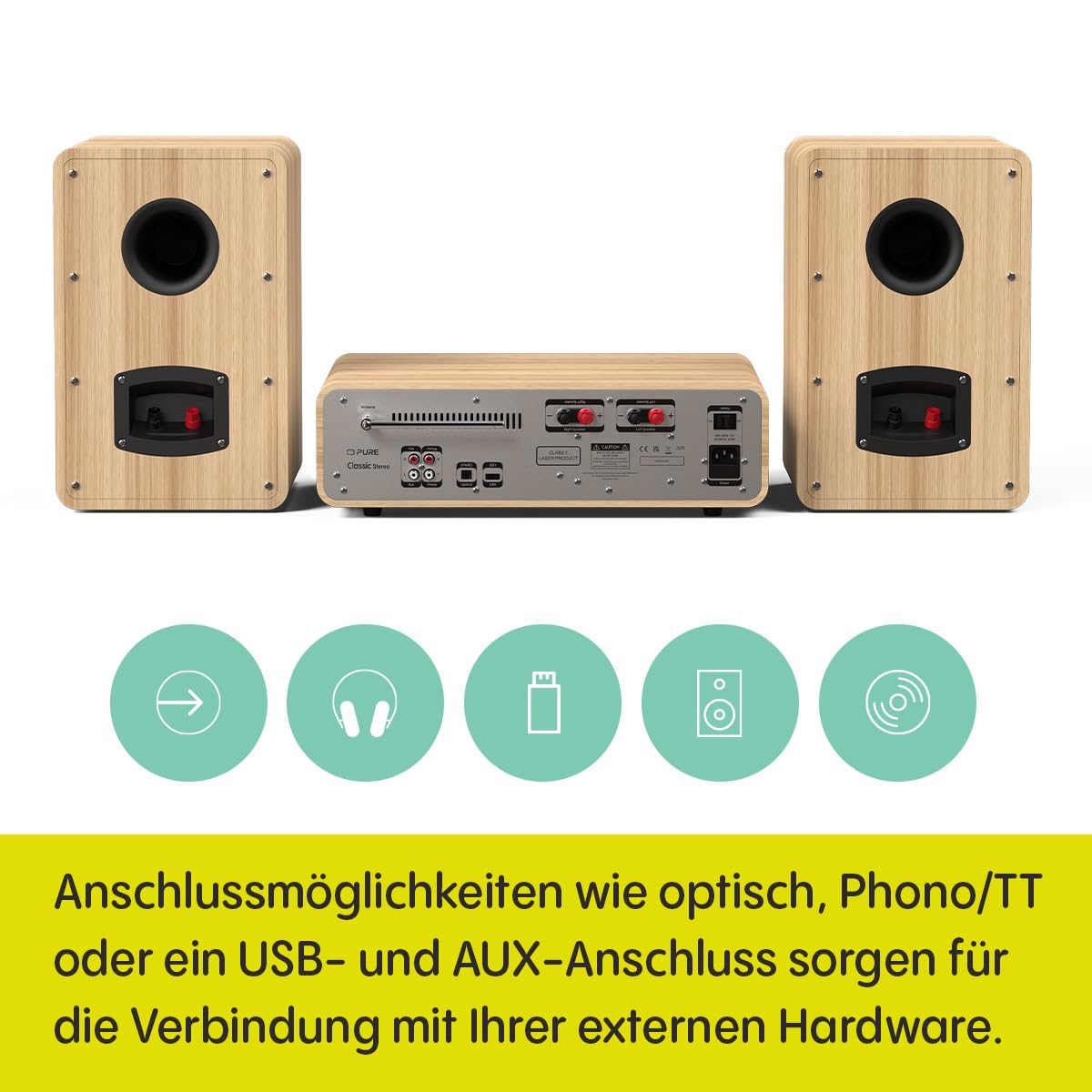 Pure Classic Stereo HiFi Music System, Kompaktanlage (100W Sound, Internet Radio, DAB+/FM, Bluetooth, CD Player, USB and Spotify Connect) Cotton White/Oak