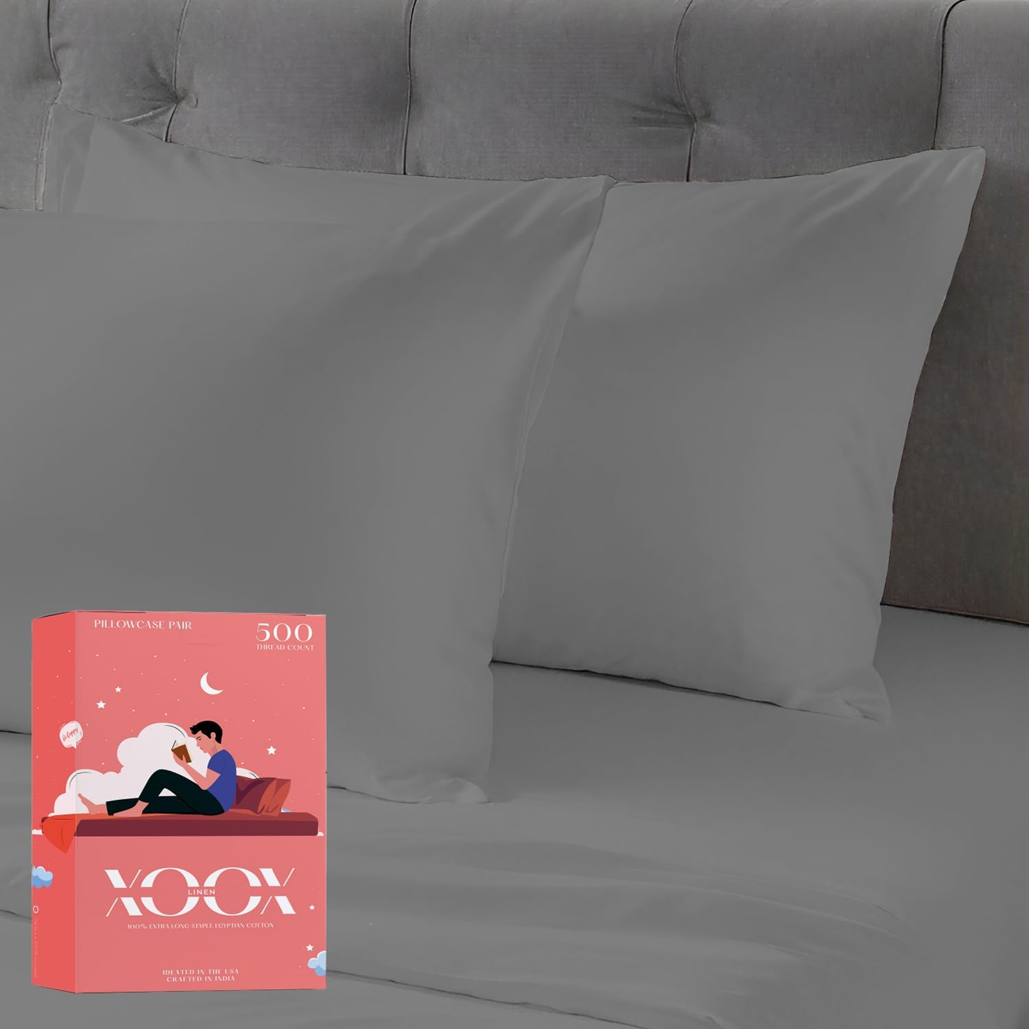 XOOX Linen 100% Egyptian Cotton Standard Pillowcases Set of 2 - Luxury 500 Thread Count Cotton Queen Size Pillowcases (Dark Grey), Soft, Cooling, Breathable Sateen Hotel Quality Pillow Cover