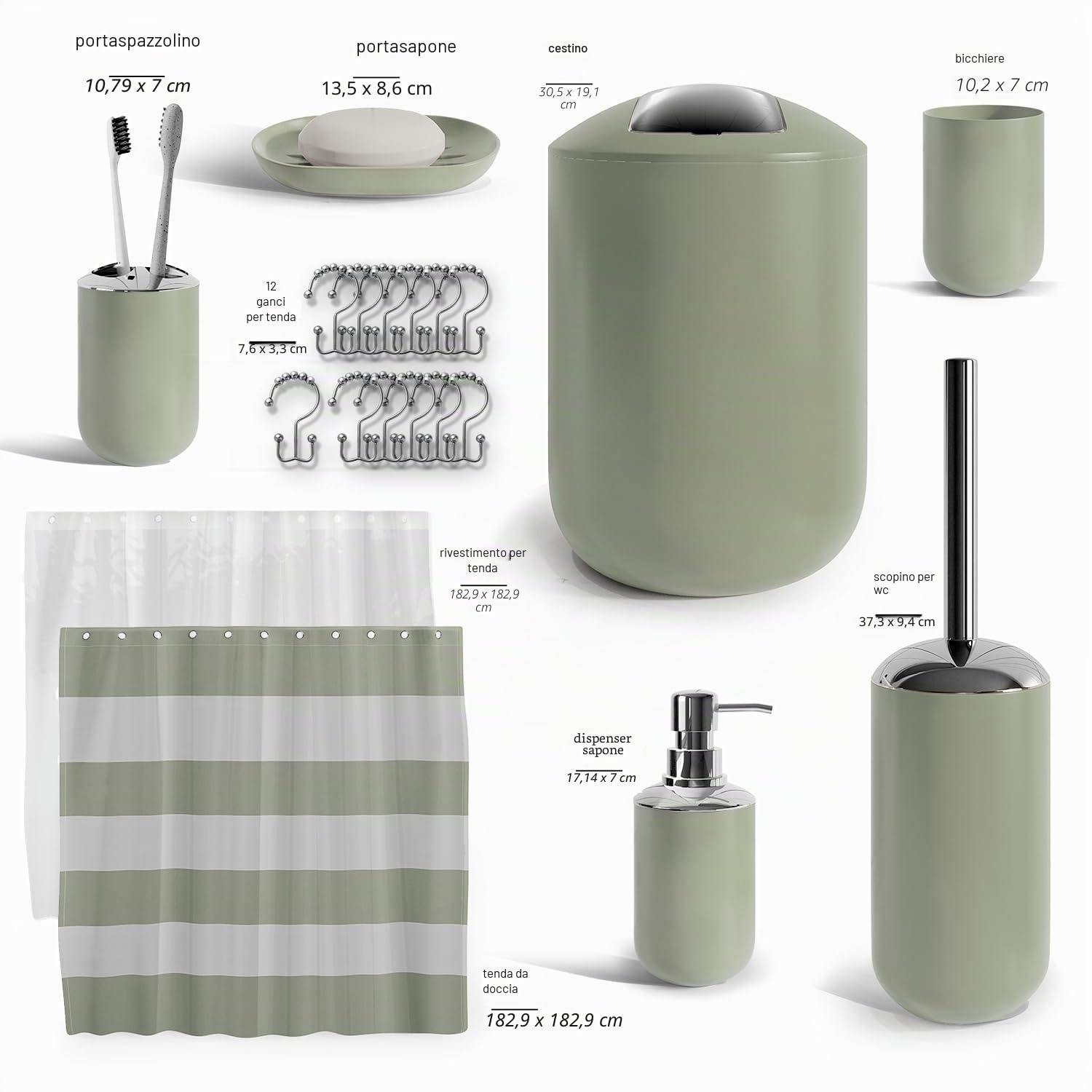 Clara Clark Set per Bagno - Set di Accessori per Bagno Verde Salvia, Set di Accessori per Bagno da 20 Pezzi, Set Tenda da Doccia con Fodera, Portaspazzolino, Dispenser Sapone, Portasapone e