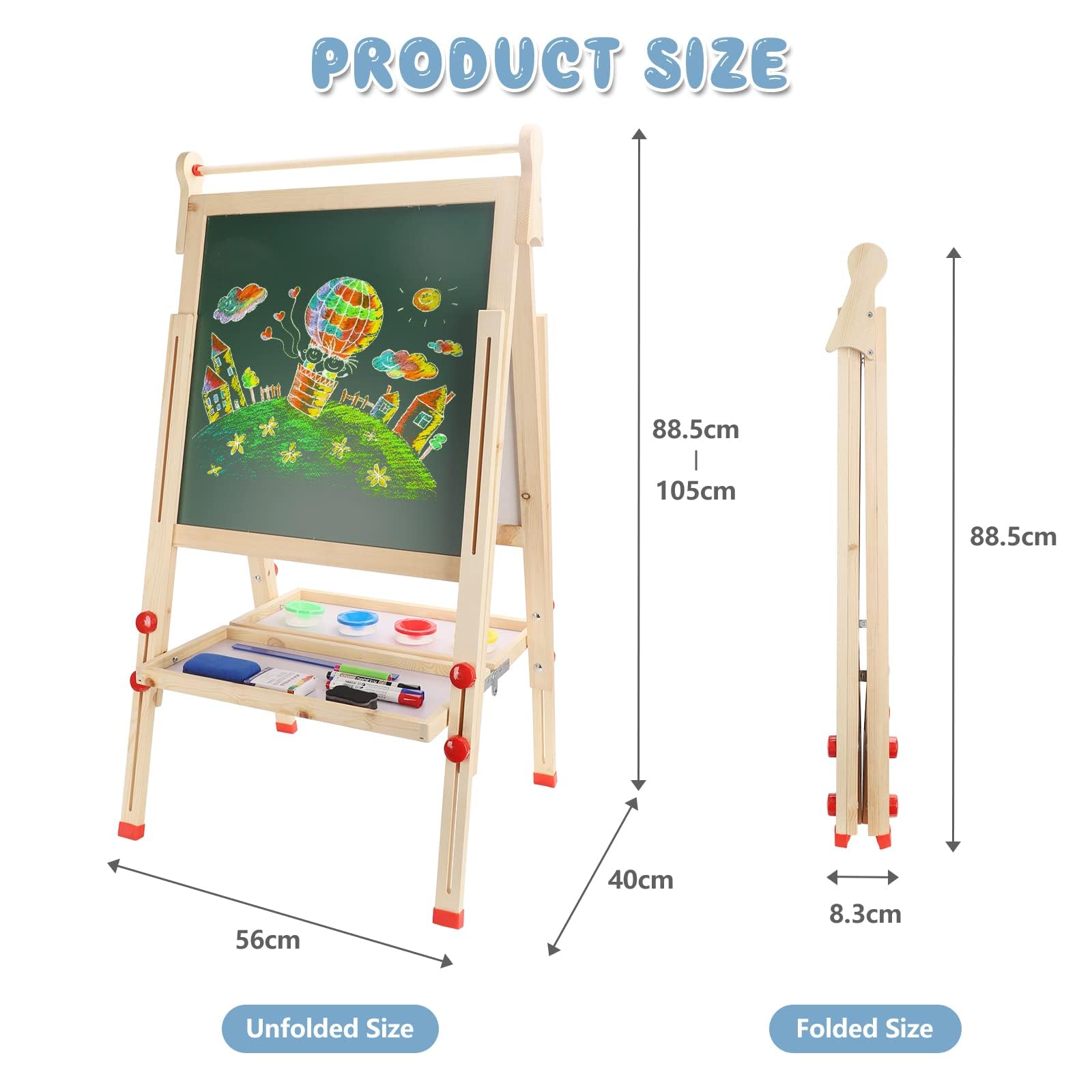 Dripex Bambini con Cavalletto pieghevole in Legno Regolabile in Altezza, Lavagna a Doppia Faccia con 26 Accessori per la pitturaper(49x49x88-105cm)