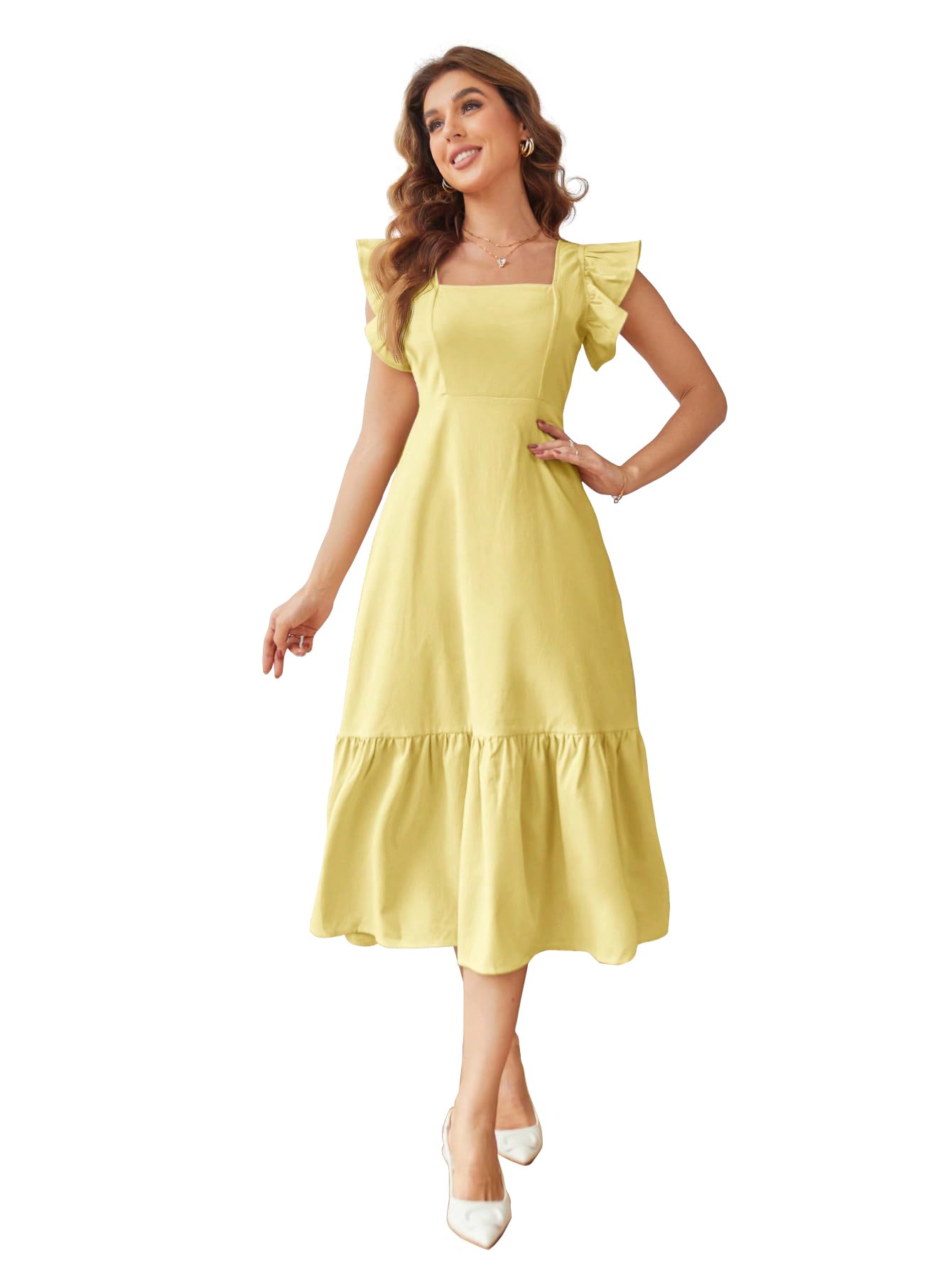 Shasmi Girl's & Women's Solid Yellow Color Square Neck, Ruffle-Trimmed Hem Sleeveless, Ruffle Armhole And Casual Dress With Cinched Waist Vacation Outfits Woman (Dress 162 Yellow-M)