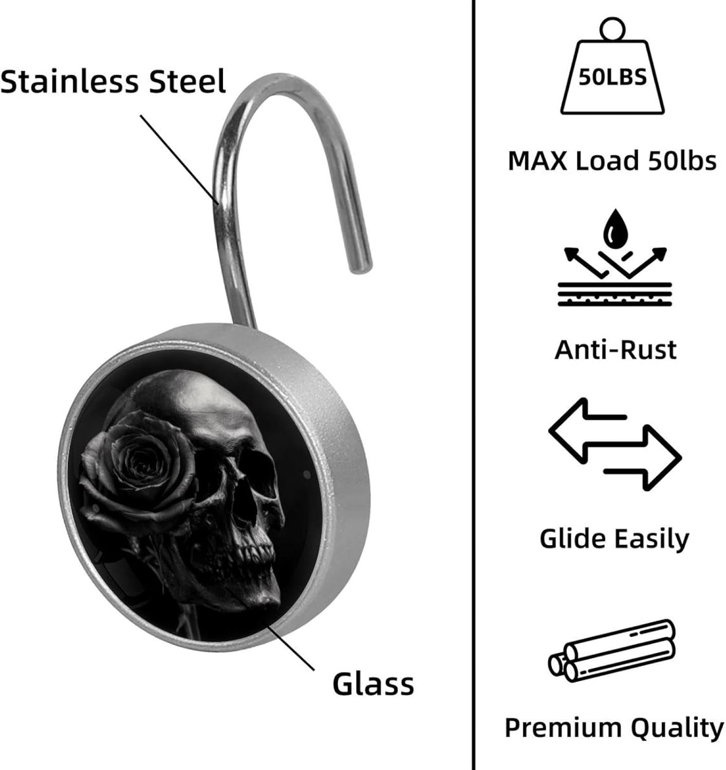 12PCS Skull Rose Flower Black (2) Shower Curtain Hooks Rings for Bathroom, Decorative Shower Curtain Hooks Rods Curtains and Liner
