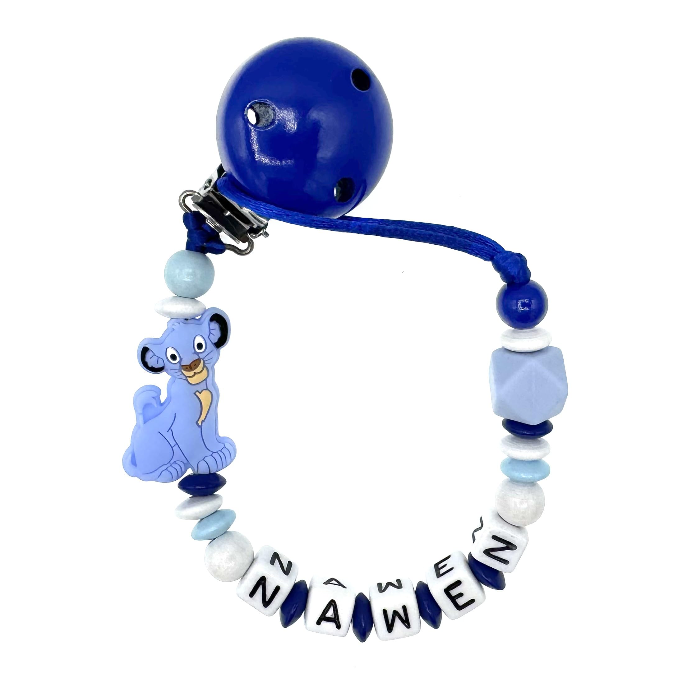 Nuckelkette mit Namen " LÖWE " in verschiedenen Farben und Motiven/Baby/Unisex/Personalisiert/HANDMADE (Dunkelblau Babyblau Weiß)