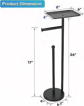 Toilet Paper Holder with Shelf, Freestanding Toilet Paper Stand with Storage Space for Holding Extra 4 Toilet Paper Rolls (Stainless Steel Base, Black)