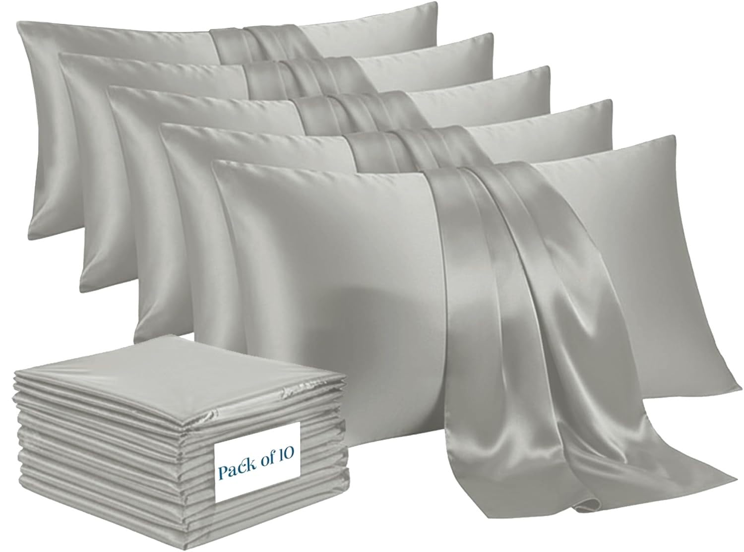 Moonlight Bedding Grey Satin Pillow Cases 10 Pack – Soft & Smooth Feels Like Silk Pillowcases for Hair and Skin Care