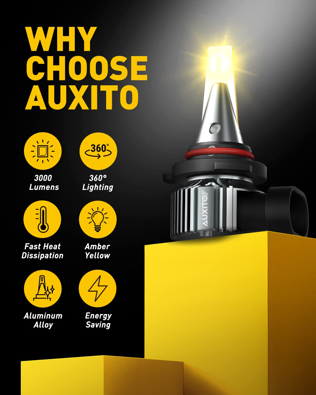 AUXITO 9145 LED Fog Light Bulbs, 3000K Amber Yellow, 6000LM 400% Brightness, H10 9140 9045 9040 LED Fog Light Replacement, CSP LED Chips, Plug and Play, Canbus Ready, Pack of 2