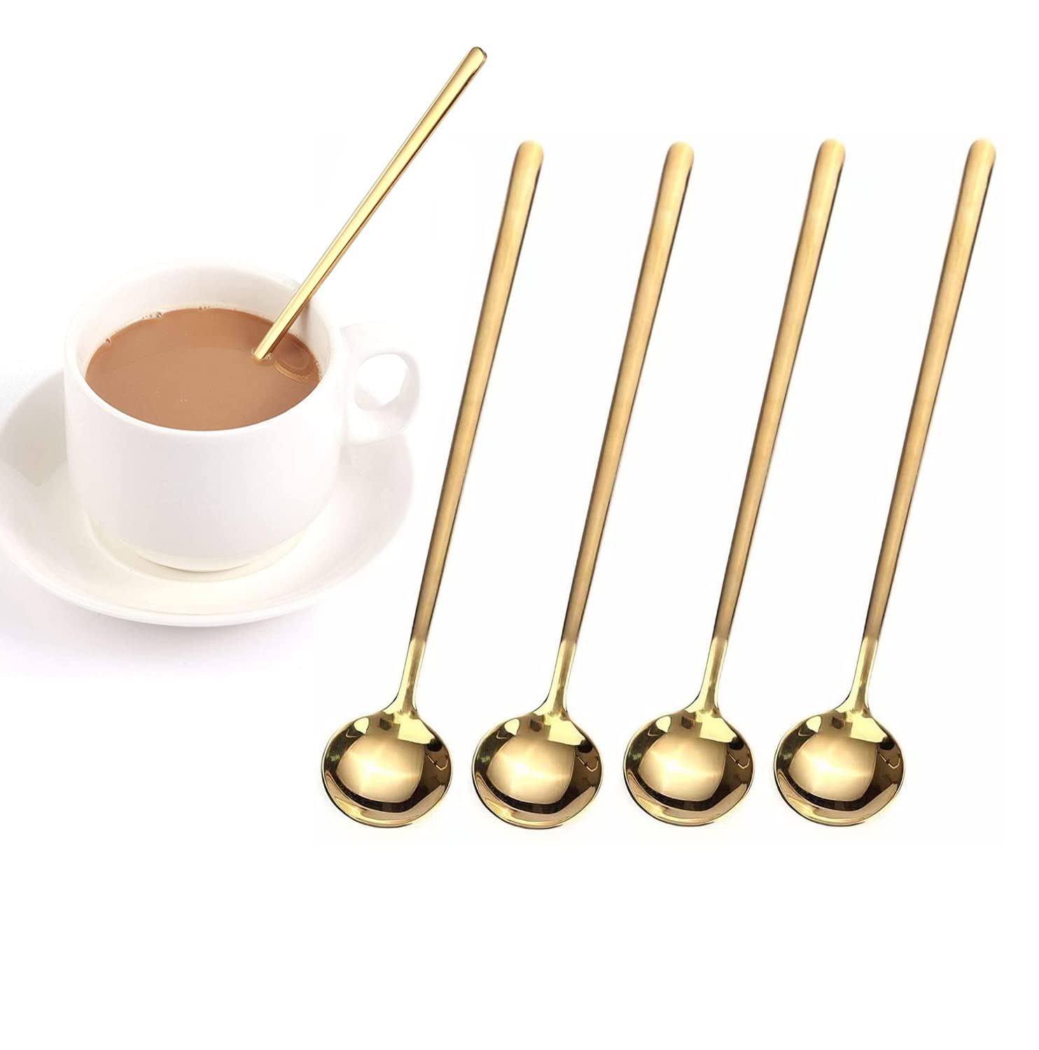 ELECDON Coffee Stirring Spoon, 6.7 Inches Long Handle Tea Spoons, Gold Teaspoons for Stirring, Espresso Spoons Stainless Steel (4 Pcs)