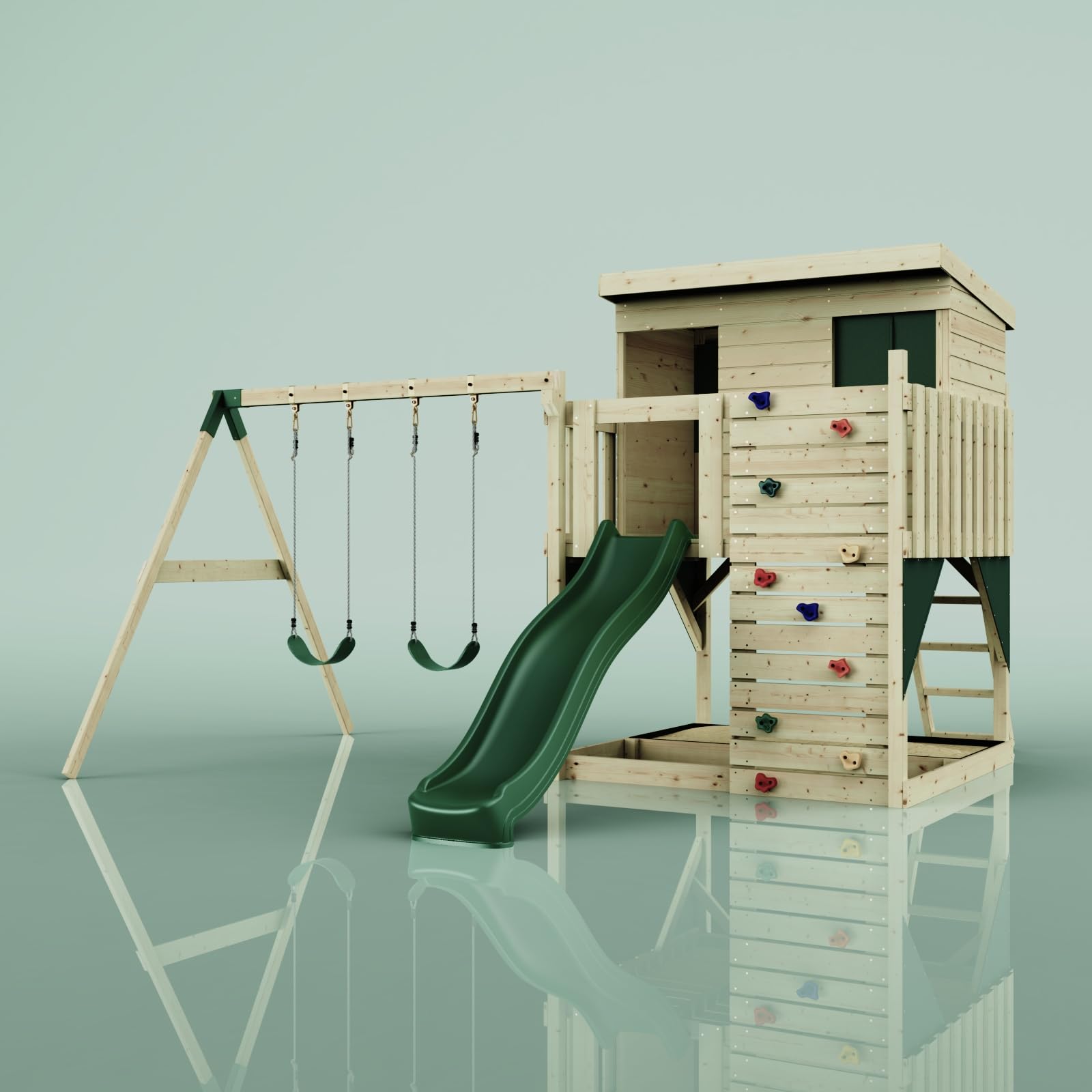 PolarPlay Spielturm Nils aus Holz, Grün (unbehandelt) – 396 × 415 × 260 cm