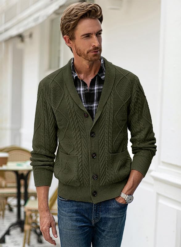 Mens Casual Shawl Collar Cardigan Sweater Slim Fit Cable Knit Button Up Sweaters with Pockets4