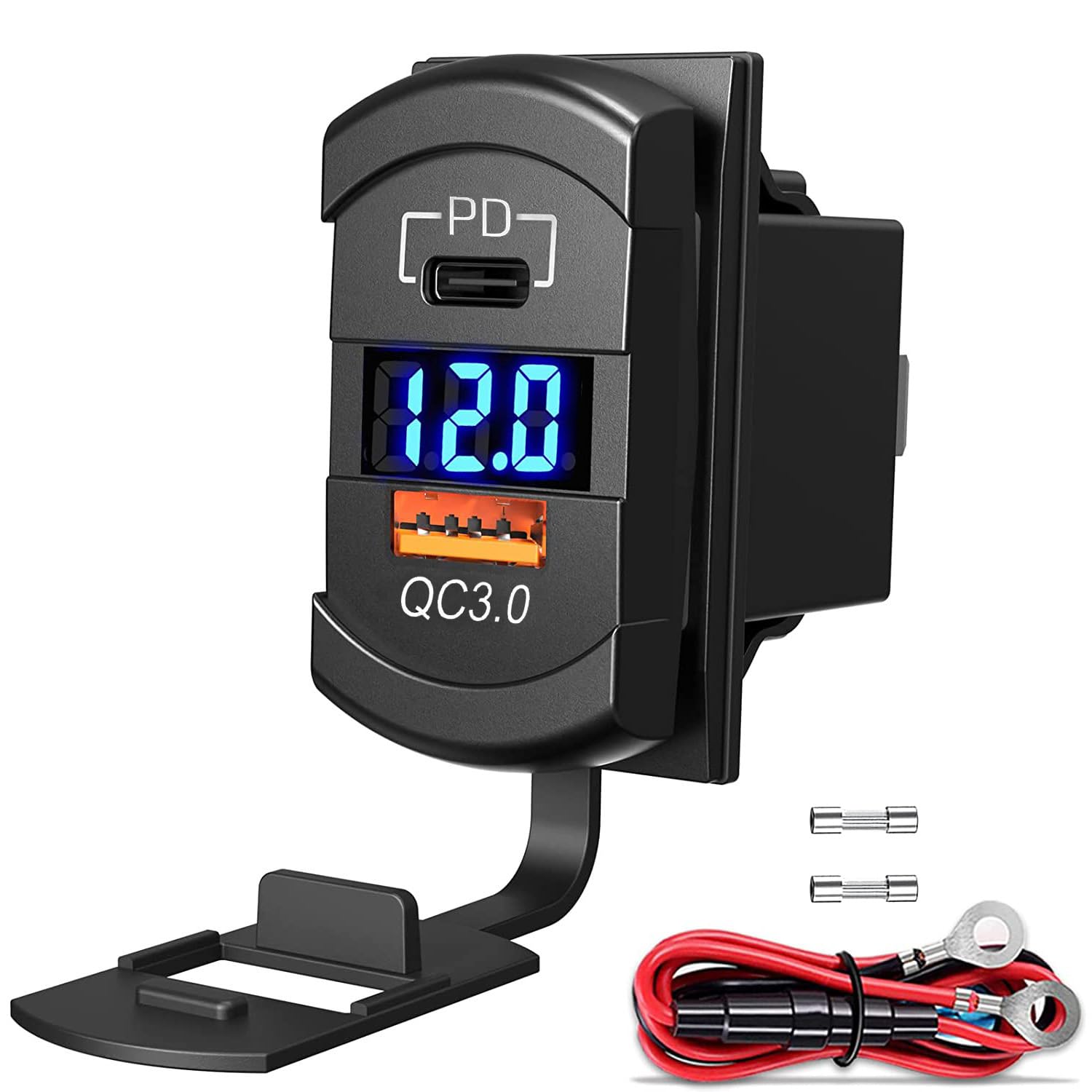 WNNBTOVN 12V Dual USB Outlet,QC3.0 and PD Type C Car Socket, Fast Charger USB Adapter with LED Display Voltmeter for Rocker Switch Panel on Marine
