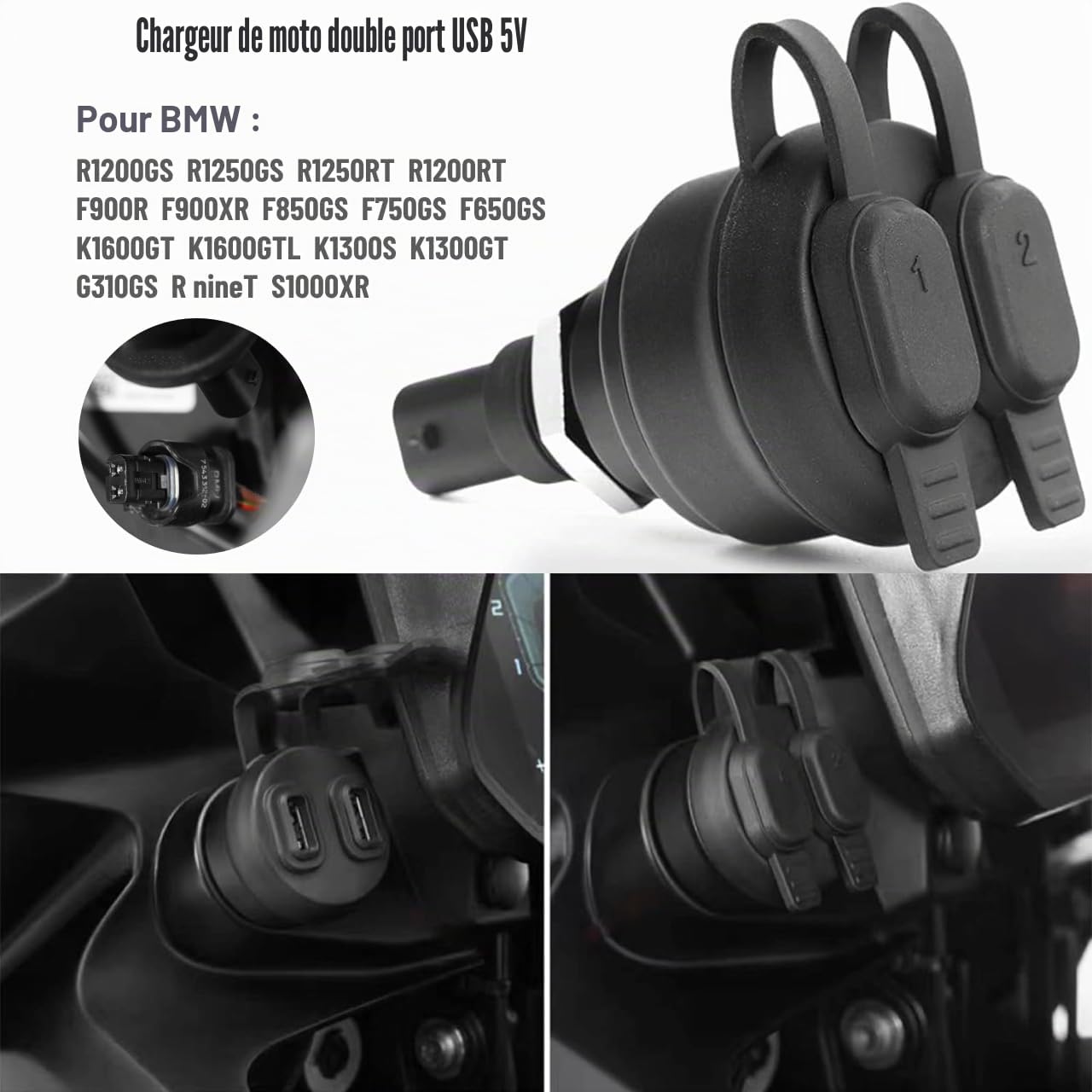Chargeur USB double port 5 V pour moto BMW R1200GS, R1250GS, R1250RT, R1200RT, R NineT, K1600GT, K1600GTL, K1300S, K1300GT, G310GS, F900R, F900XR, F850GS, F7550GS 0, F65. 0