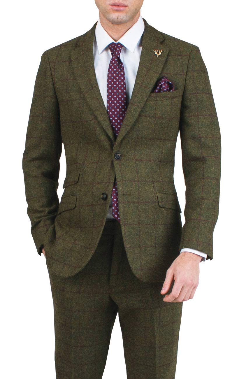 Dobell Men's Green Tweed Jacket Regular Fit Notch Lapel Windowpane Check-46R