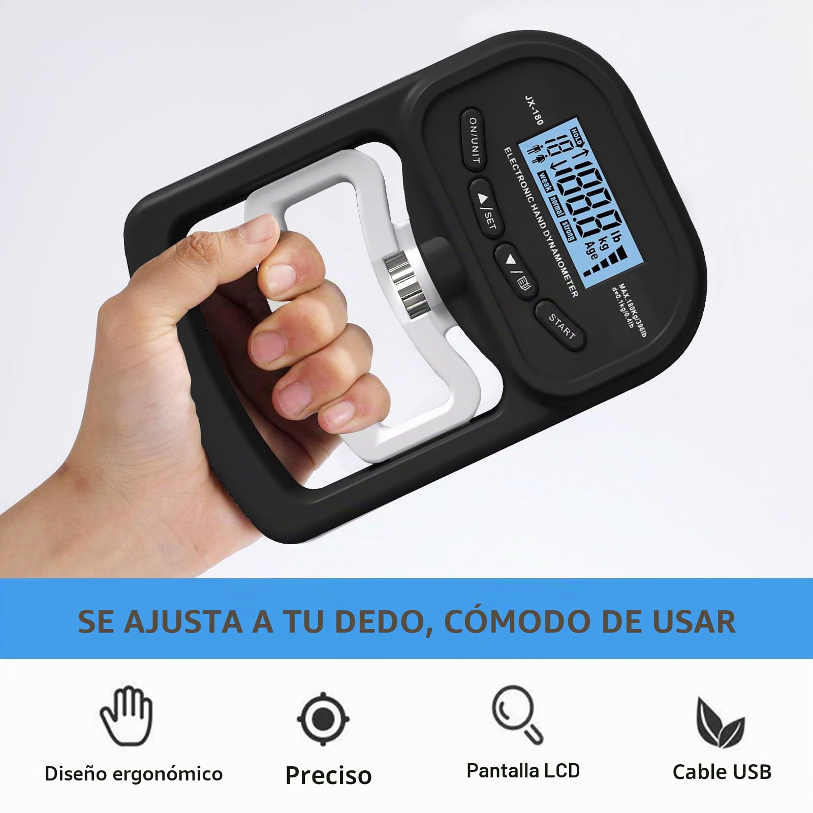 Medidor digital de fuerza de mano 90 kg / 198 lb dinamómetro con pantalla LED USB