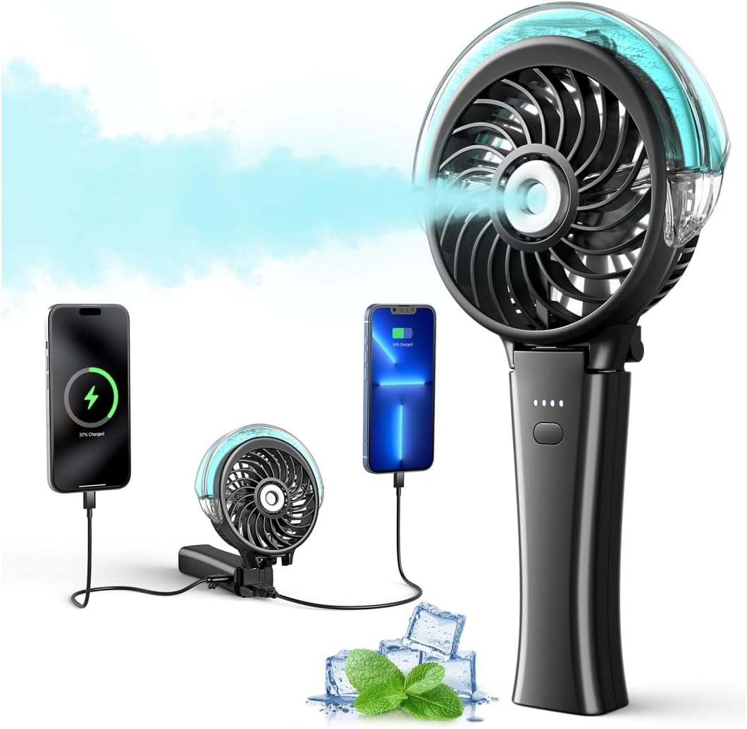 6000mAh Portable Handheld Misting Fan as Power Bank, 50ml XL Water Tank, 20H Runtime 3 Speeds, 180° Foldable Rechargeable Mist Fan for Travel, Outdoors, Makeup – Black