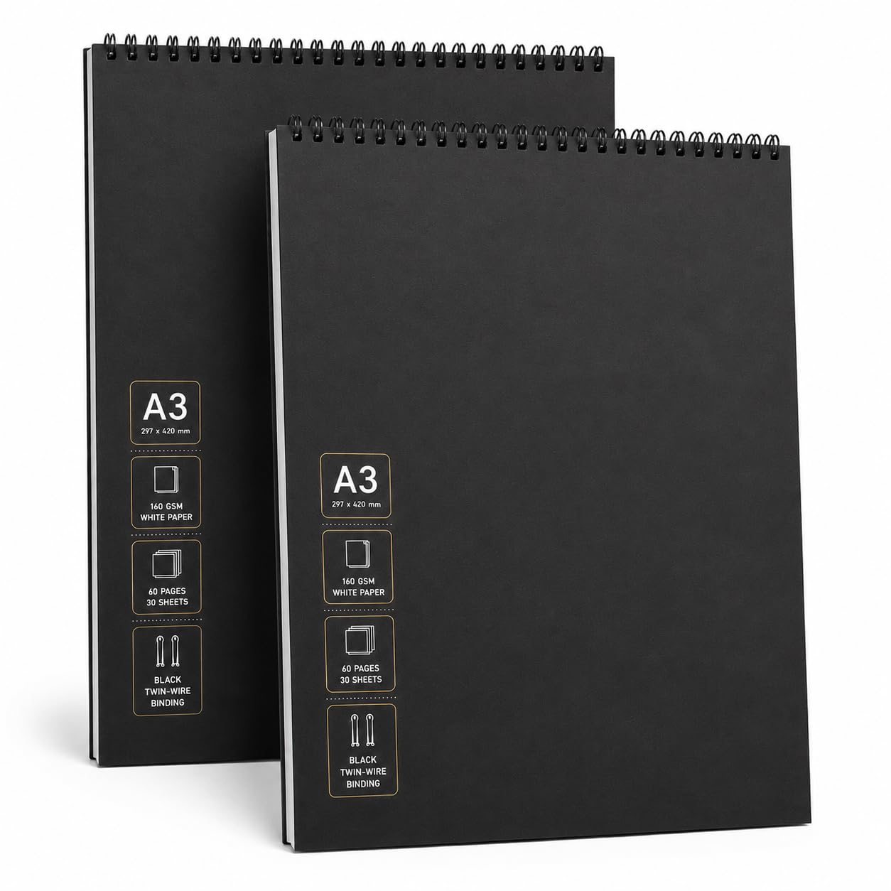 A3 Sketchbook Pack of 2, Spiral Bound Drawing Pads, 160 GSM Premium White Paper, 30 Sheets (60 Pages) Each, Soft Cover with Grey Backing Board for Sketching, Drawing & Art