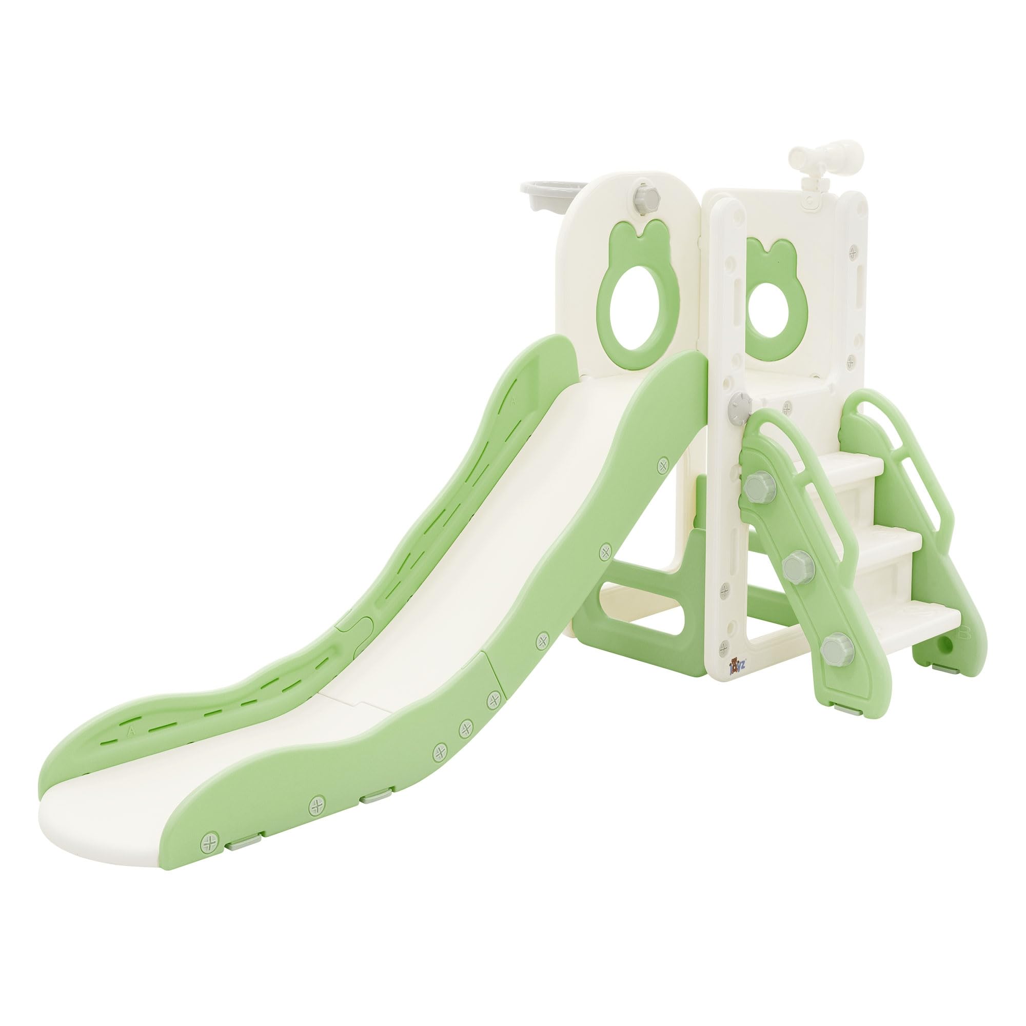 Joyz Tobogán Infantil 3en1 con Refuerzo Antideslizante Plástico Blanco-Verde Juego de Torre con Canasta de Baloncesto Balón y Bomba de Aire Parque de Interior y Exterior para Niños a Partir de 3 Años