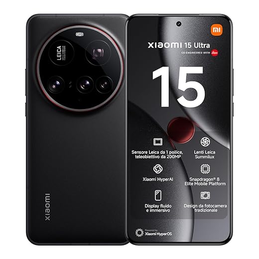 Xiaomi 15 Ultra Smartphone, 16+512GB, Nero, Lenti Leica Summilux, Sensore principale da 1 pollice, 200MP, Batteria da 5.410mAh, HyperCharge da 90W, HyperAI (Caricabatterie non incluso)