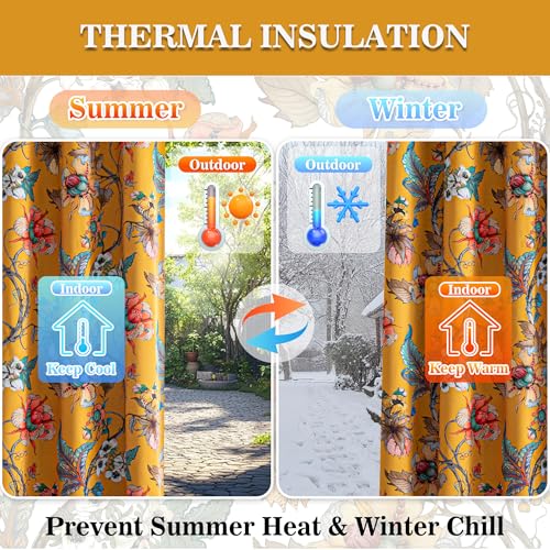 Image of MYSKY HOME Yellow Floral 95% Blackout Curtains 90 Inch Long Bedroom Black Out Thermal Insulated Noise Reducing Drapes Flower Printed Cottagecore Style Grommet Window Treatment Living Room, Pack-2