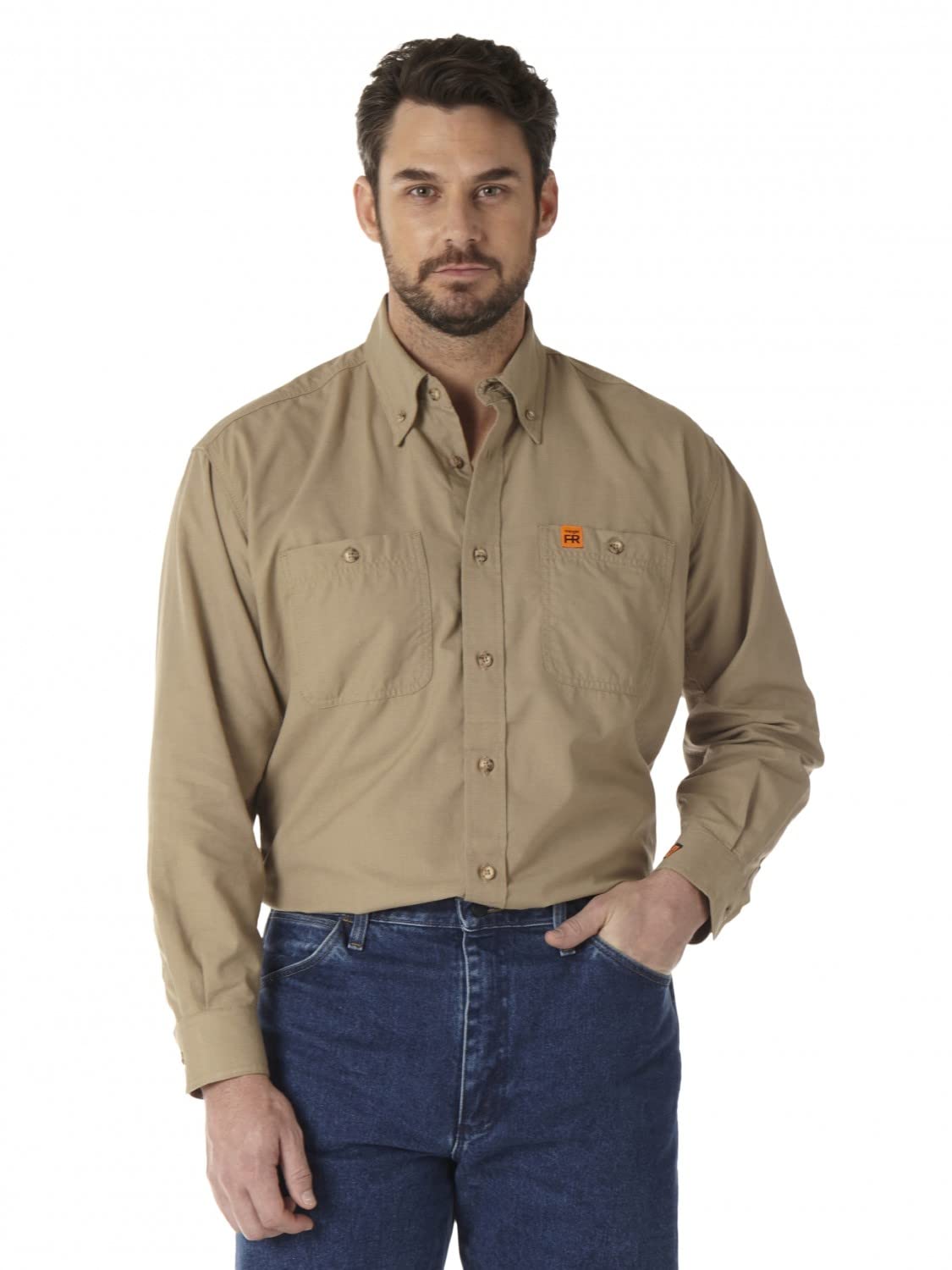 Wrangler Koszula robocza na guziki Mężczyźni Ognioodporna koszula robocza z długim rękawem z diagonalną klapą