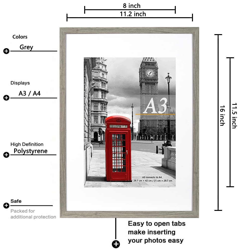 Scholar Tree Cement Grey Photo Frame Picture Frames, A3 with Mat for A4 Mount Picture, Set of 3, Wall Mountable - Image 3