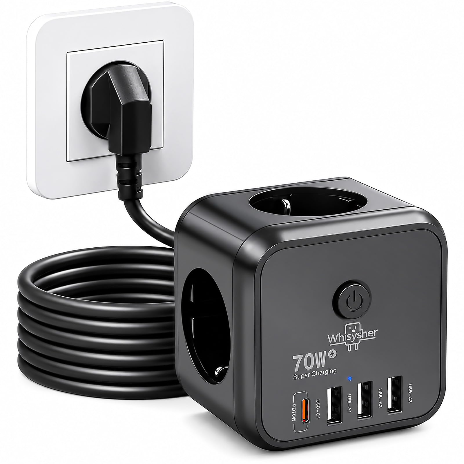 Steckdosenwürfel mit USB C, GaN PD70W 7-in-1 Mehrfachsteckdose mit Schalter | 3 Schuko + 3 USB-A + 1 USB-C, Kompakt, Kindersicher, Schwarz, 2M Kabel Mehrfachstecker mit USB für Laptop, iPad, Smartphone
