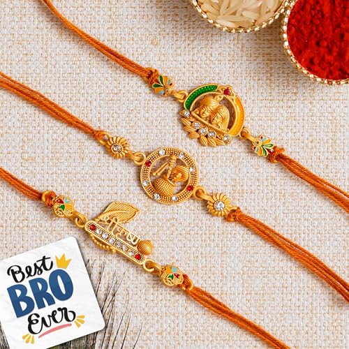 Image of eCraftIndia Set of 3 Shri Krishna, Radha Krishna, Dahi Handi Flute Designer Rakhis, Best Bro Ever Fridge Magnet with Roli Chawal Pack - Rakhi for Brother, Bhaiya, Bhai