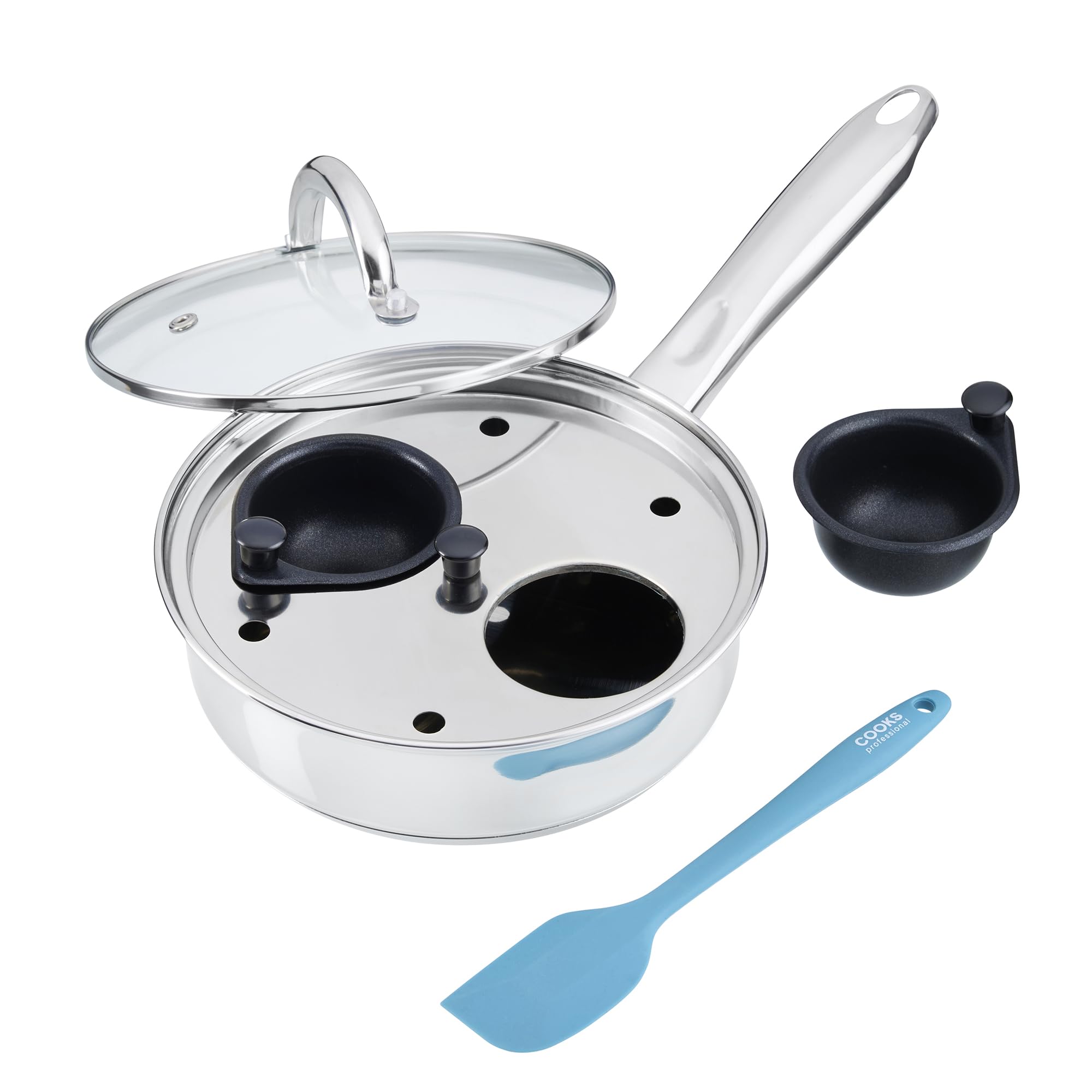 Cooks Professional 2 Cup Stainless Steel Egg Poacher Pan with Spatula, Glass Lid, Non-Stick Coating & Stay Cool Handles | Versatile Egg Poaching or Sauté Cooking Pot | All Hobs Compatible & Oven Safe