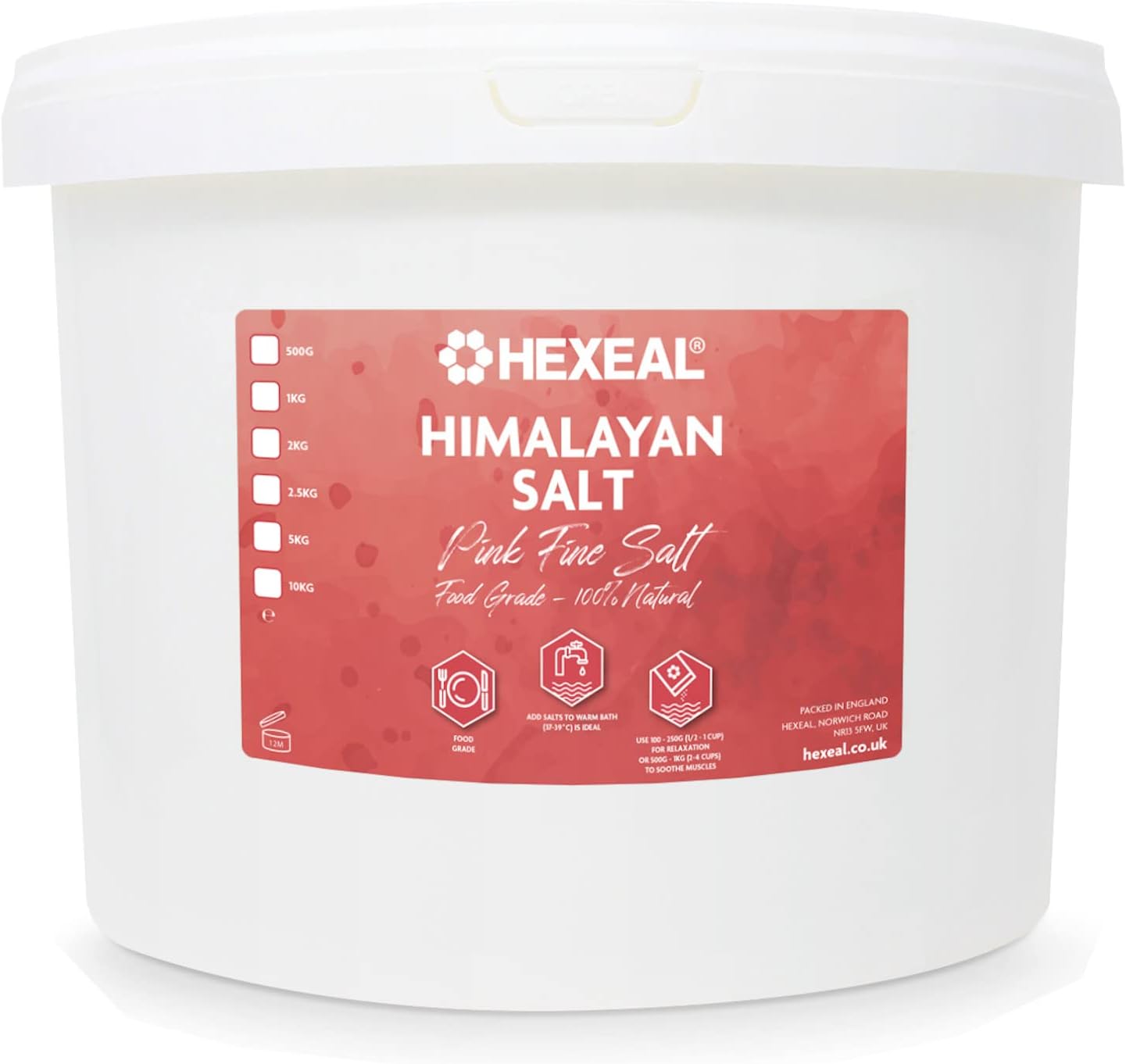 Hexeal Himalayan Pink Salt 10kg Bucket - 100% Natural, Fine & Food Grade