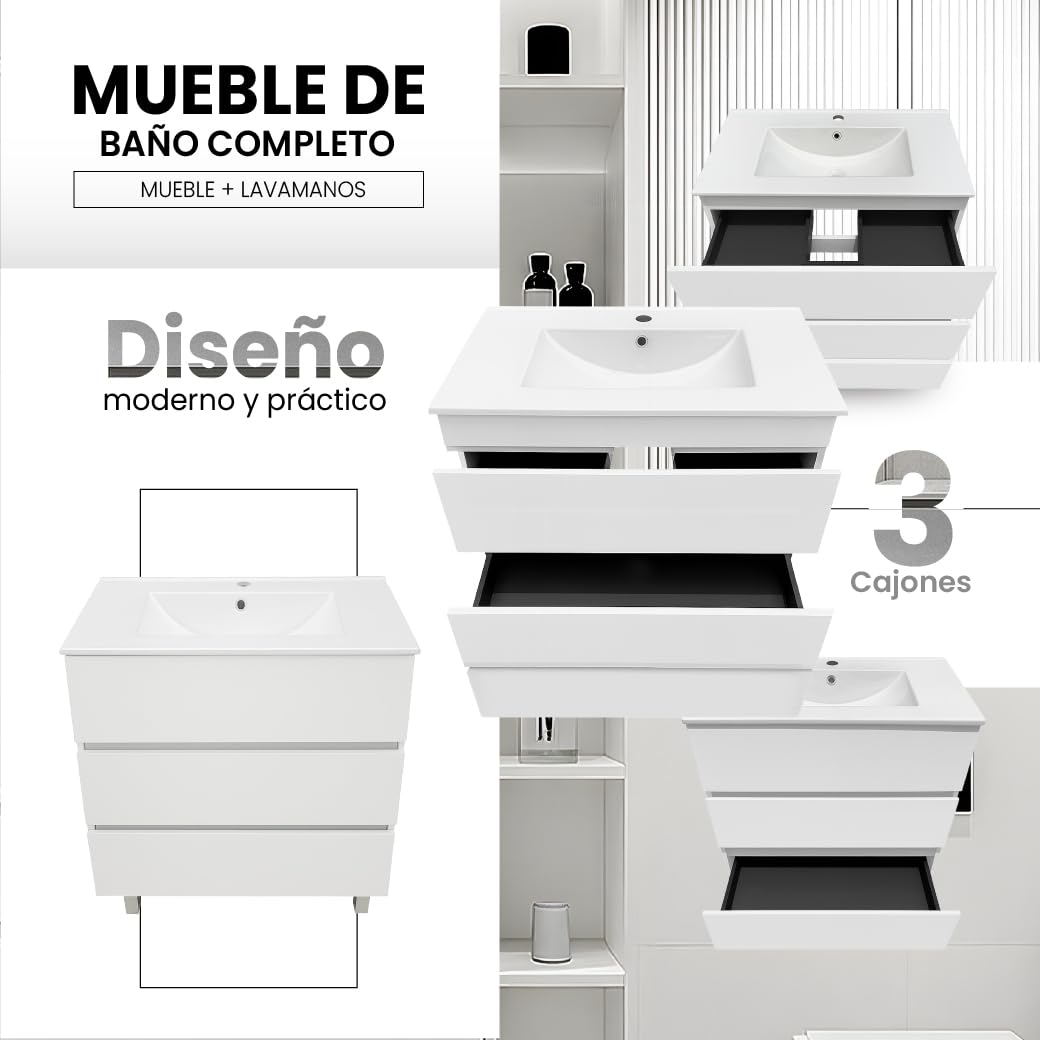 Juego Mueble Baño con Lavabo. Mueble Lavabo 80 cm. Mueble Bajo Lavabo Compacto Preinstalado de Fábrica. Mueble Baño con Lavabo 80 cm con Pie de Porcelana. No Incluye Espejo.