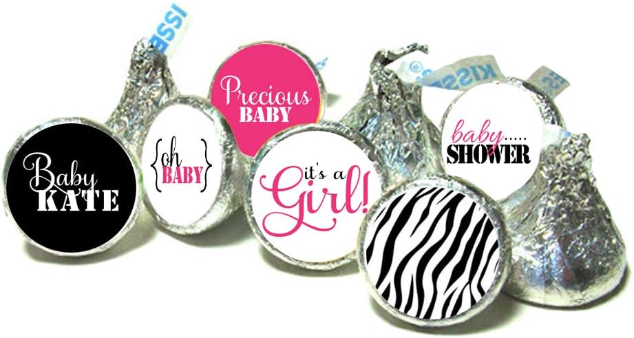 ZEBRA Themed Pink Baby Girl Shower kiss stickers ~ fits individually wrapped Chocolate & Candy - Stickers Only (108 peel & stick stickers)