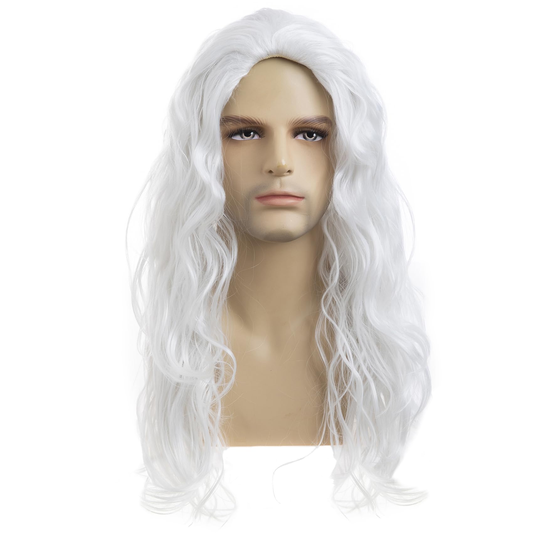 Long Curly Wavy White Wigs for Men Synthetic Natural Party Halloween Cosplay Hair Wig，Cream White
