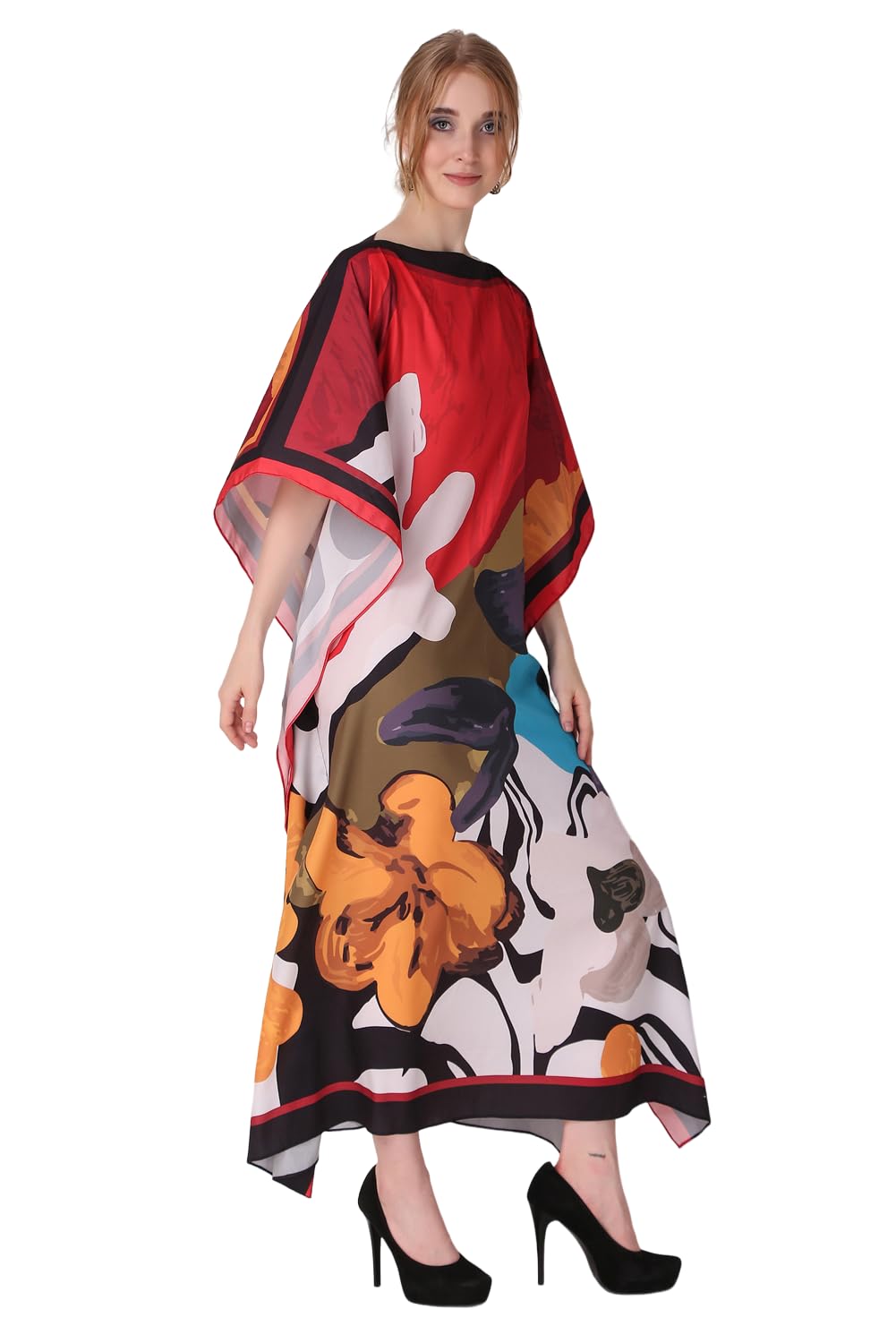 Abstract Stylized Printed Crepe Maxi Length Kaftan Dress for Women Multicolor Freesize-image-47