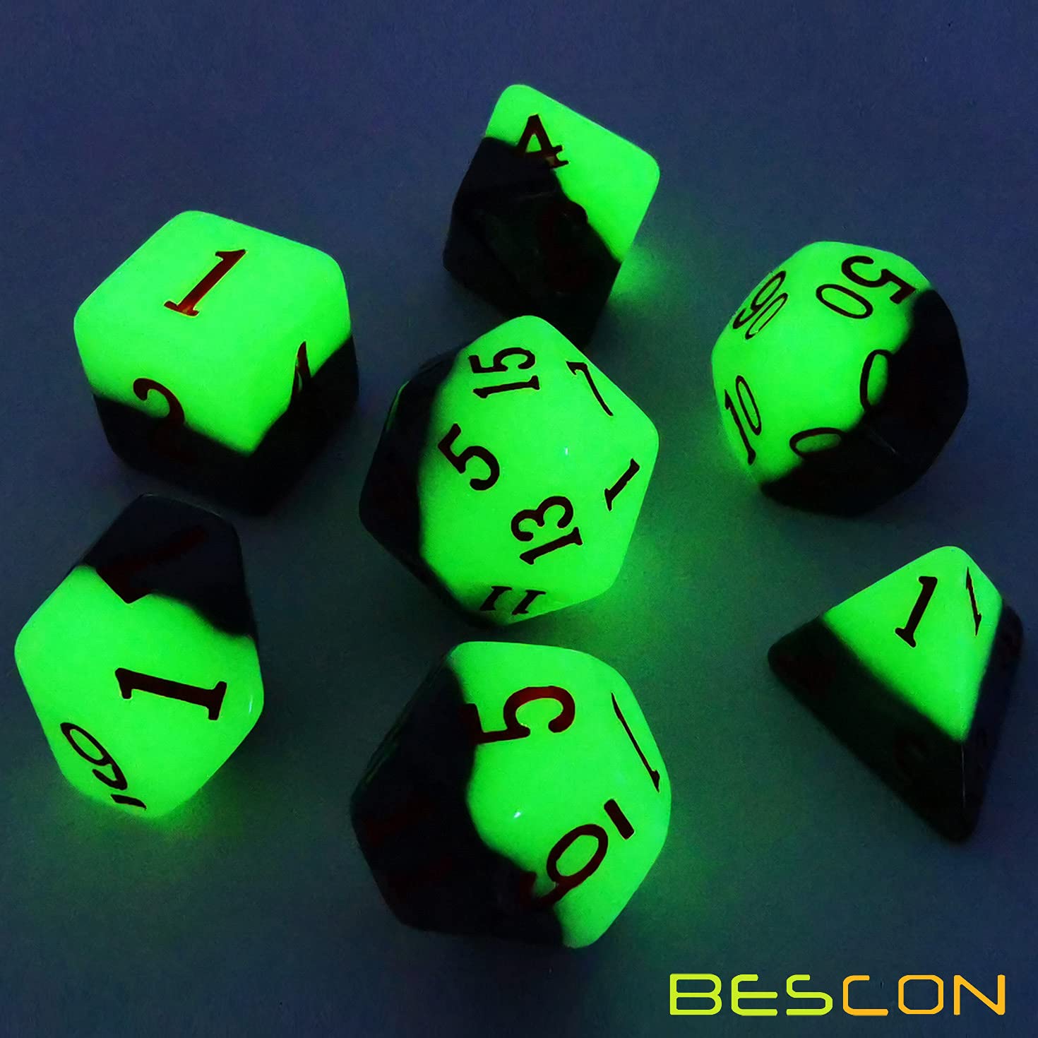 Bescon Two-tone Glowing Polyhedral Dice 7pcs Set Green Dawn, Luminous RPG Dice Set d4 d6 d8 d10 d12 d20 d%, Brick Box Packaging - Image 4