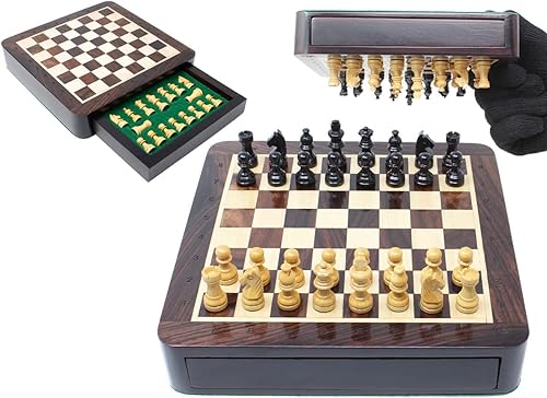 House of Chess - Juego de ajedrez magnético de madera de 7.5 pulgadas con cajón de almacenamiento y notación algebraica - 2 reinas adicionales -
