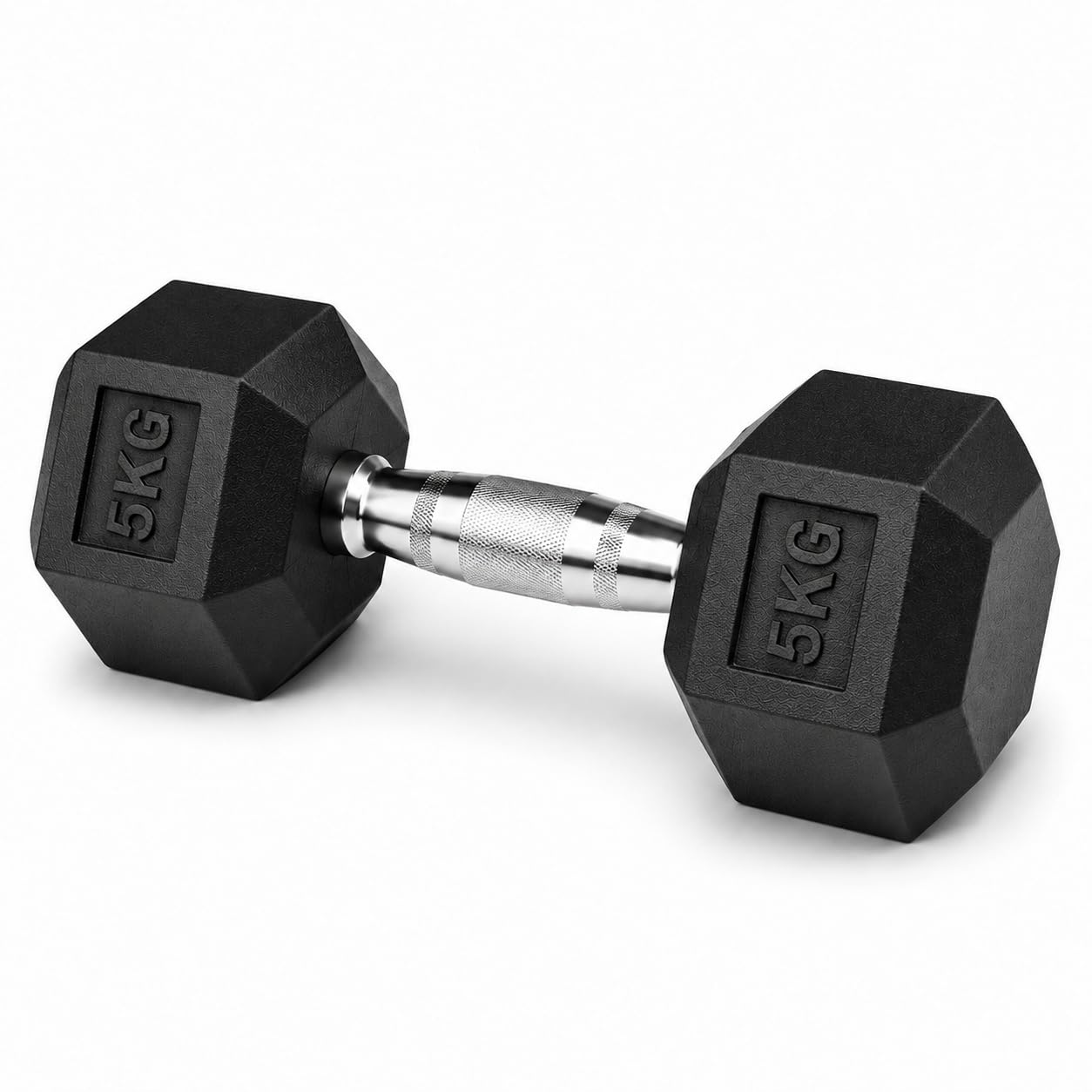 5kg Rubber Dumbbell, Single Hex Weight with Durable Rubber Encased Heads, Textured Knurled Steel Handle & Anti-Roll Design for Home Workouts, Weight Training & Fitness