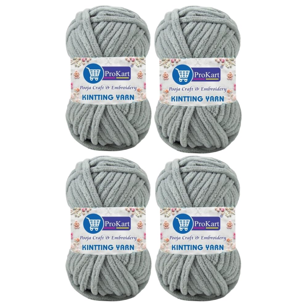 ProKart Premium Blankie Wool, Plush & Cuddly, Chenille Yarn Supersoft Hand Knitting Wool Ball | Blanket Thick/Mottu Yarn Ball Suitable for Hand Knitting and Crocheting for Baby, Adult, Sweaters, caps, Throws, Home Furnishing, Scarves, Blankets (Silver, 100gms x 4 Pack)
