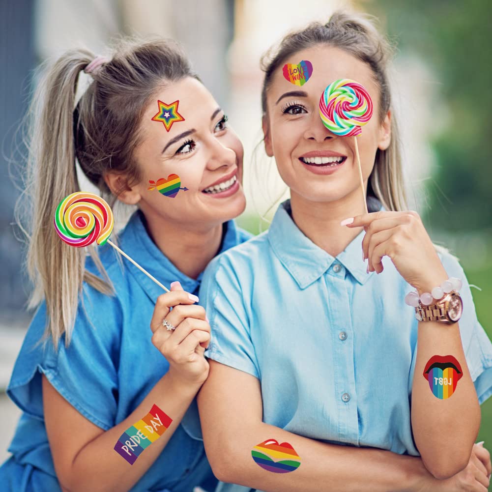 AOMIG 70+ stylów tatuaży z dumą, 10 dużych arkuszy tymczasowych tatuaży Gay Pride, wodoodporne naklejki z tatuażami LGBT Rainbow Flag na festiwale Pride dekoracje świąteczne