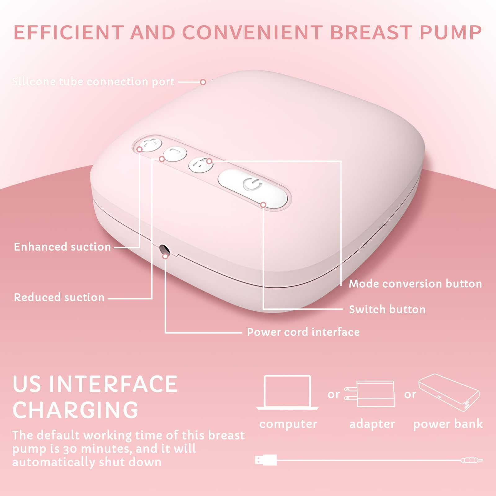 Electric Breast Pumps, Automatic Massage Silent Hands-Free Portable Breast Pump for Breastfeeding Suction Milk Breast Collector,Pain Free 2 Modes &9 Levels(Pink)