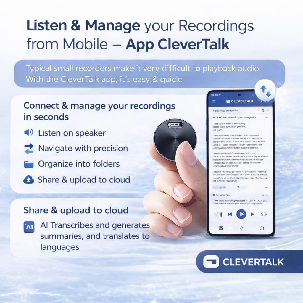 CleverTalk Q37 64GB Mini Grabadora de Voz con IA, Transcripcion Automatica y Traduccion 100+ Idiomas, Activacion por Voz, Reduccion Ruido HD, Configuracion por App, Compatible Android iPhone Mac PC