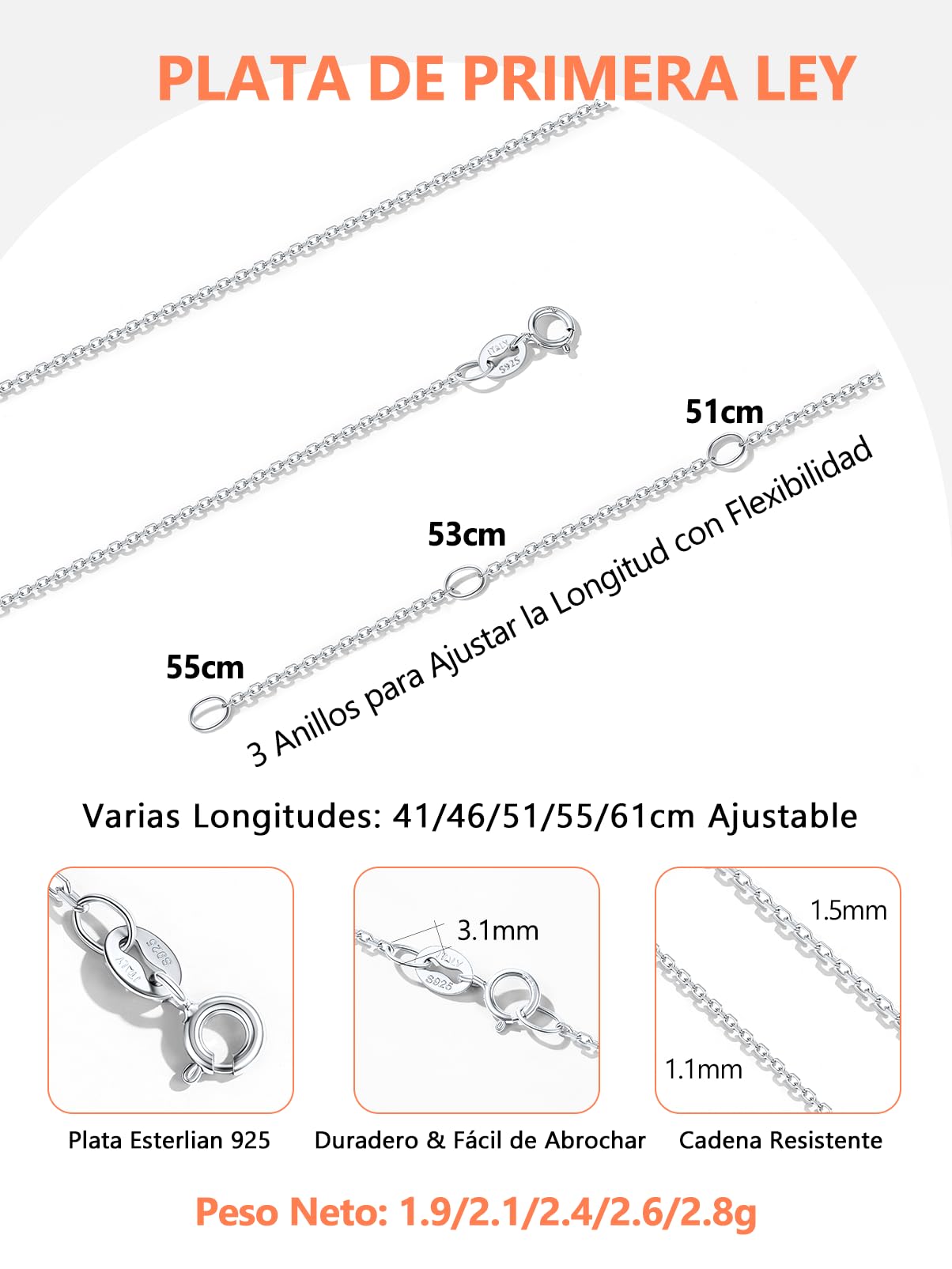 Silvora Collar Plata 925 Mujer Cadena Fina 1,1/1,5mm Apilable con Colgante