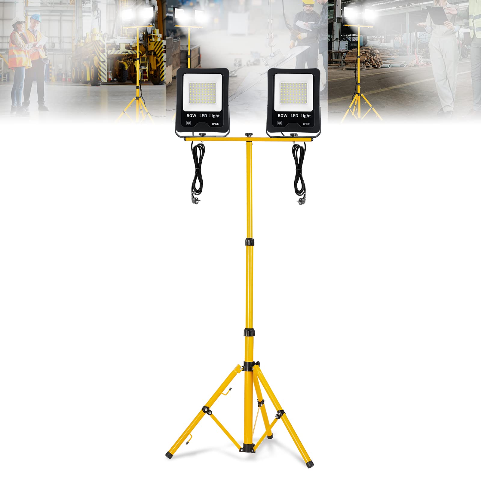 ACXIN 2 Stück LED Fluter Flutlicht, Außen Flutlicht, LED Baustrahler Arbeitsleuchte, Scheinwerfer, Außenstrahler+ Gelb Stativ, IP66 wasserdicht, 50W, Kaltweiß