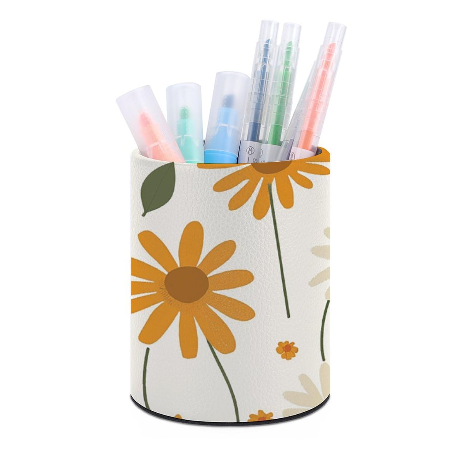 KLOPH PU Leather Pen Holder for Desk, Aesthetic Pencil Cup for Desktop, Makeup Brush Srotage for PenOrganizer Office Supplies, Amber Daisy Pattern Pen Cup Pencil Caddy for Home Art Supply