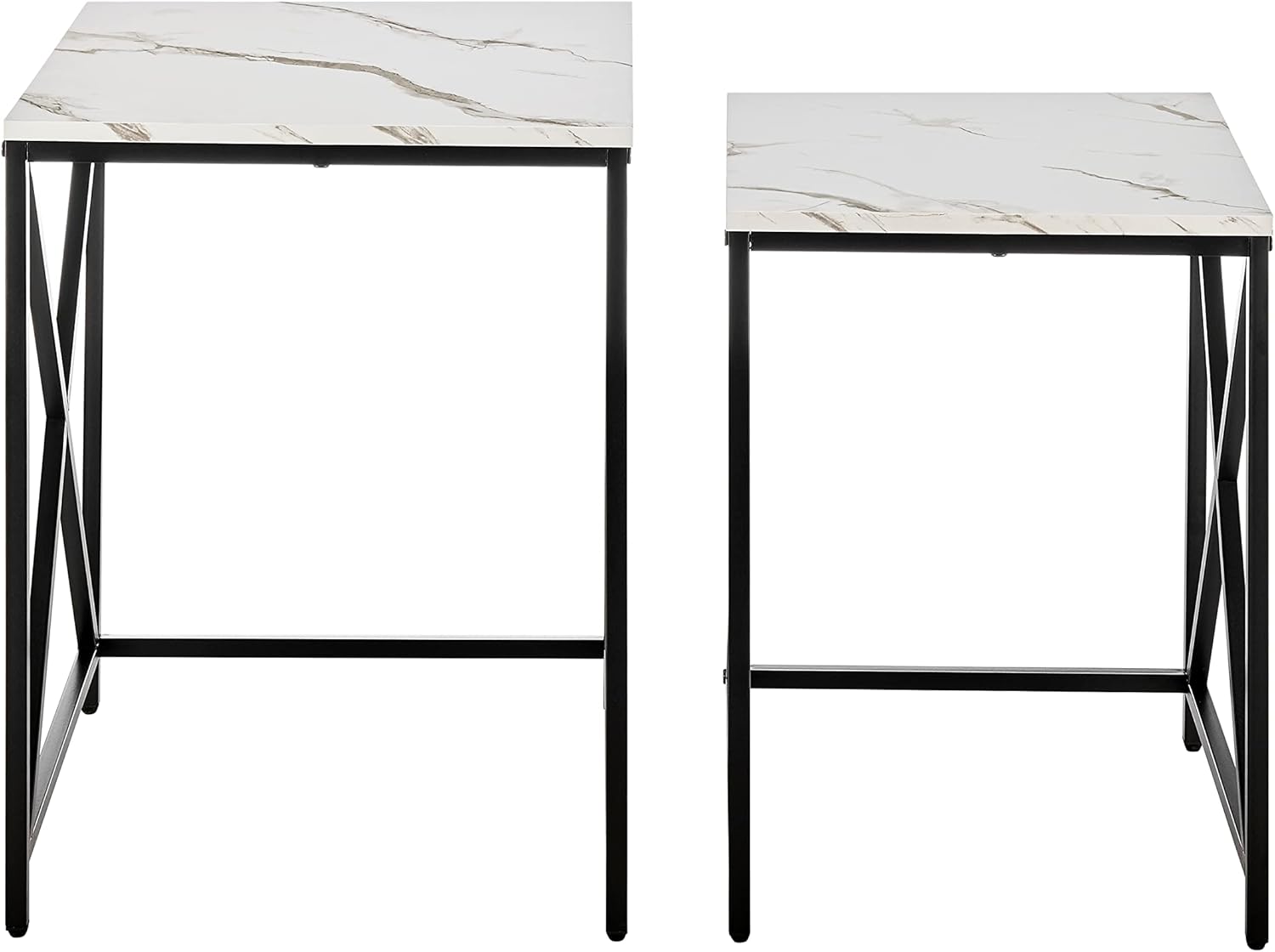 Set of 2 Square Marble Veneer Top Black Metal Nesting End Tables